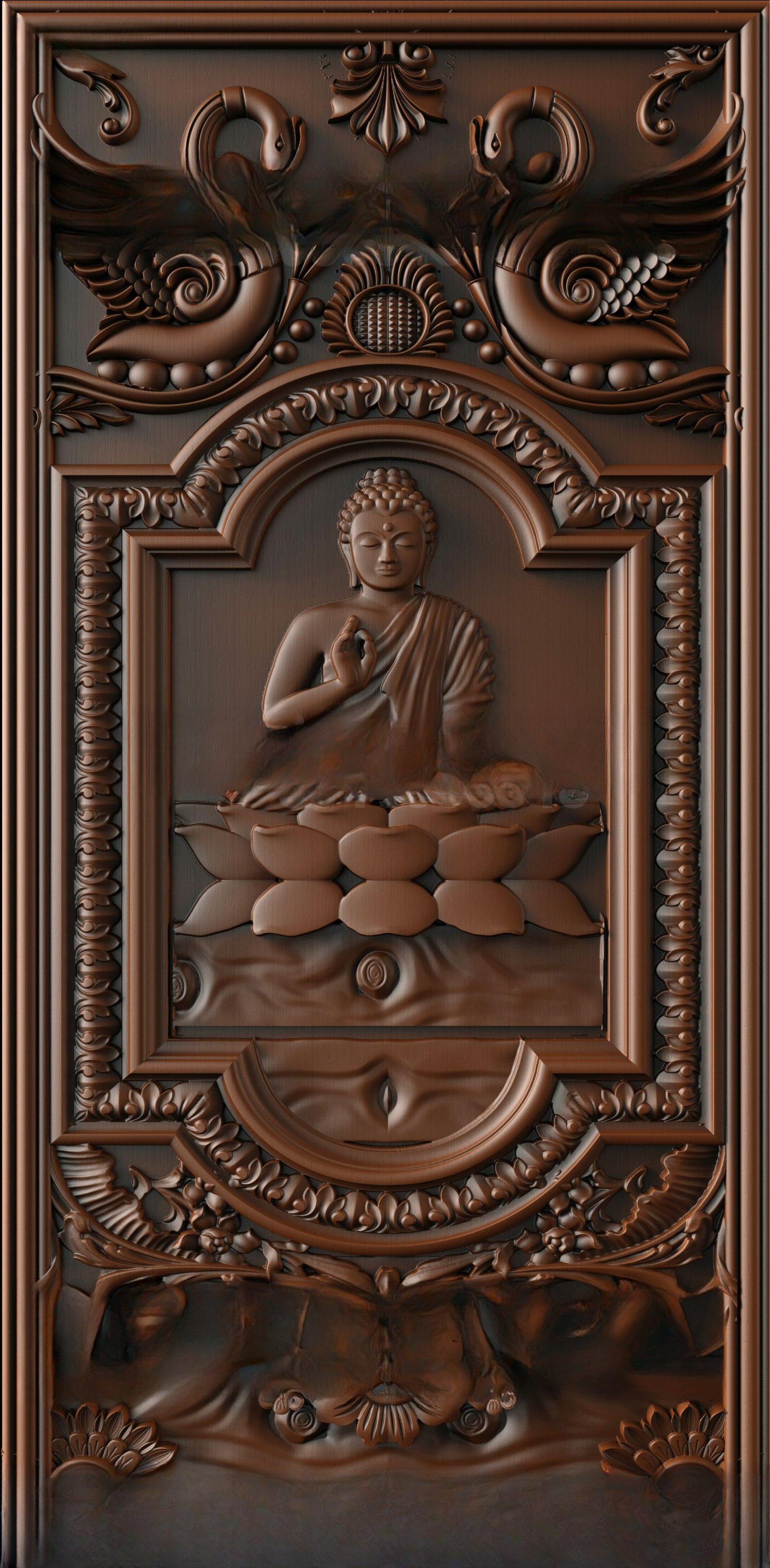 God Doors - GD-45 Serene Buddha Meditating on Lotus 3D Relief Carving Design